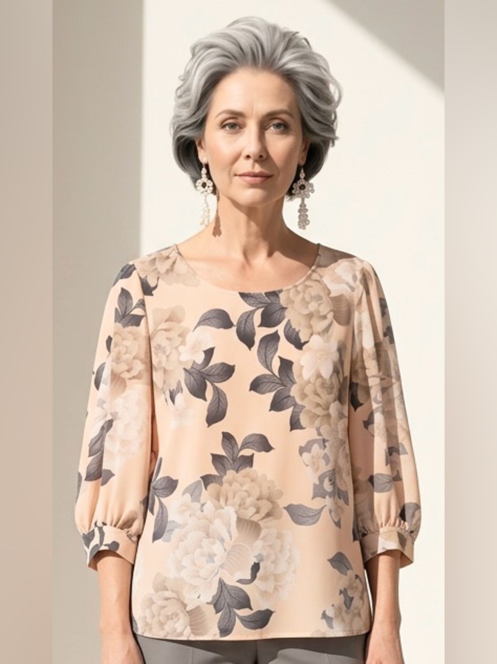 Ladies Calvin Klein Floral Print Crepe Top 3/4 Sleeves Light Pink Grey SZ L NWOT